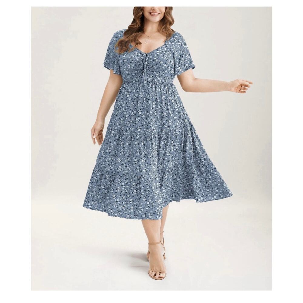 Bloomchic Ditsy Floral Tie Front Blue Midi Dress Size 18/20 - Picture 2 of 8